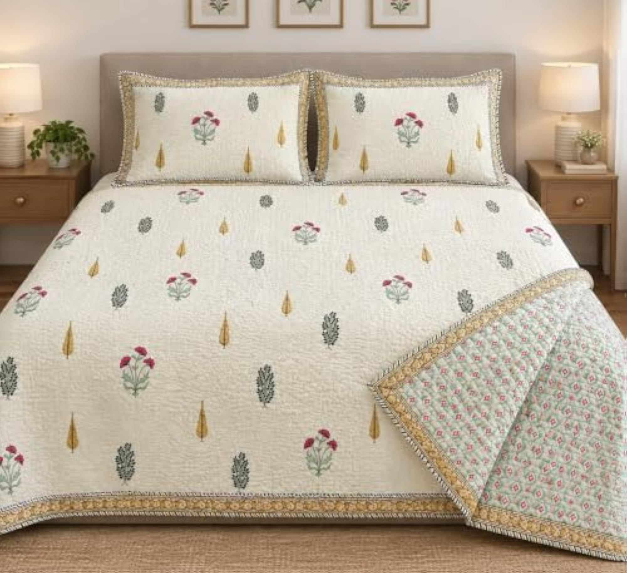 Reversible Hand Block Printed Bed Cover with 2 Pillow Covers, Quilted Bedspread Set